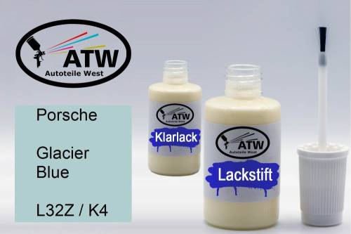 Porsche, Glacier Blue, L32Z / K4: 20ml Lackstift + 20ml Klarlack - Set, von ATW Autoteile West.